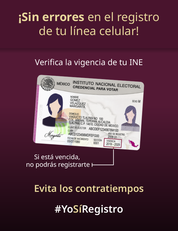 SE_mx's tweet photo. ✅ ¿Vas a registrar tu línea celular?
Recuerda tener una identificación oficial vigente 

📲🪪Si está vencida, no podrás realizar el trámite y podrían suspender tu línea

⏰ Aún estás a tiempo
Encuentra aquí la página de tu compañía: https://t.co/0EbrdQS8WX
#YoSíRegistro https://t.co/nFC1BnTQV6