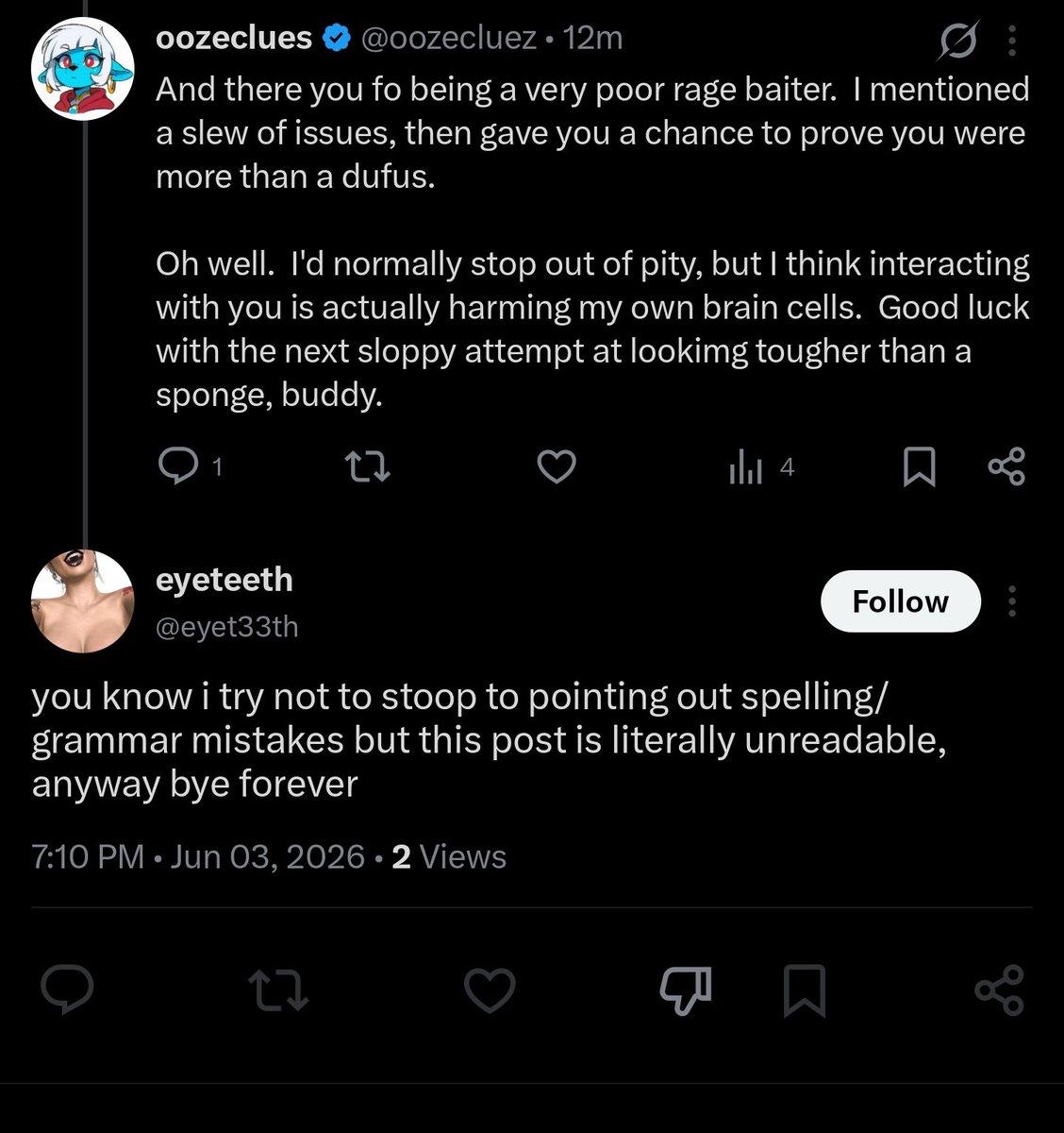 oozecluez's tweet photo. I love when they can't even come up with a valid sign-off from a lost argument and hard block.  Another adventurer consumed by the ooze.  Thanks, @eyet33th.  (May your $5 Humble-Bundle Poser Studio asset pack visage live on to the next life.) https://t.co/ExpzS32FKT