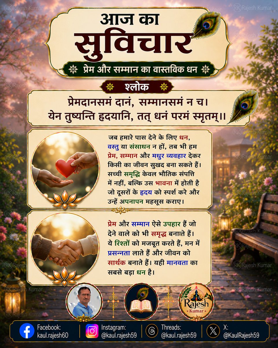KaulRajesh59's tweet photo. ⚠️क्या आपने आज किसी को प्रेम और सम्मान का उपहार दिया?
📝  प्रेम और सम्मान वह संपत्ति है जो बाँटने से और बढ़ती है।
📢  इस प्रेरणादायक संदेश को शेयर कर प्रेम और सम्मान का संदेश फैलाएँ।
:
#आज_का_सुविचार #सद्भाव #Motivation #Love #Respect #Humanity #PositiveThinking https://t.co/4gv6z5Hvuu