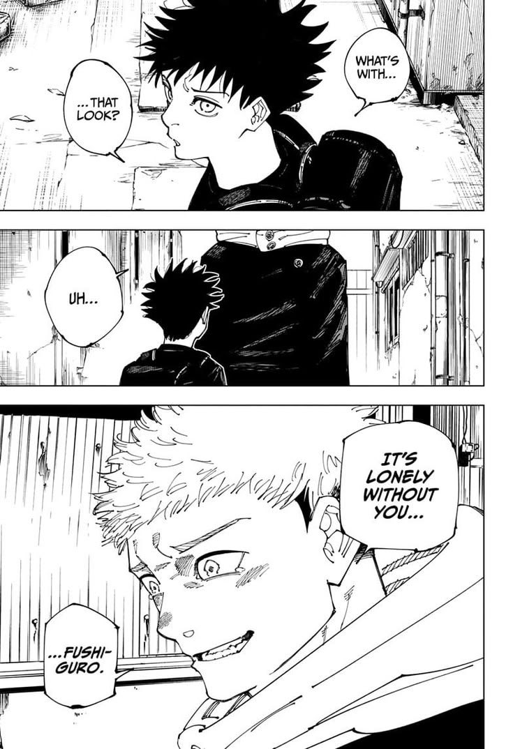 nadiestaqui_'s tweet photo. Desde mi perspectiva esta escena está sobrevalorada.

Evidentemente es un copy/paste de cuando Megumi conoce a Satoru… pero sin esa fuerza que los unió.

Y eso se comprueba fácilmente…

Yuji NUNCA llama a Megumi por su nombre, siempre hay esa barrera que los separa… y en Módulo se comprueba que no fueron tan entrañables.

Dan a entender que Megumi muere joven.. cuando Sukuna busca convencerle de que le deje su cuerpo, Megumi dice que buscará a alguien por quien vivir y ese NO fue Itadori, porque hubiera dicho “tengo a alguien por quien vivir” 

Y probablemente, Megumi nunca encontró a nadie más que le motivara a vivir, tal y como Satoru siempre le pedía que viviera #gofushi