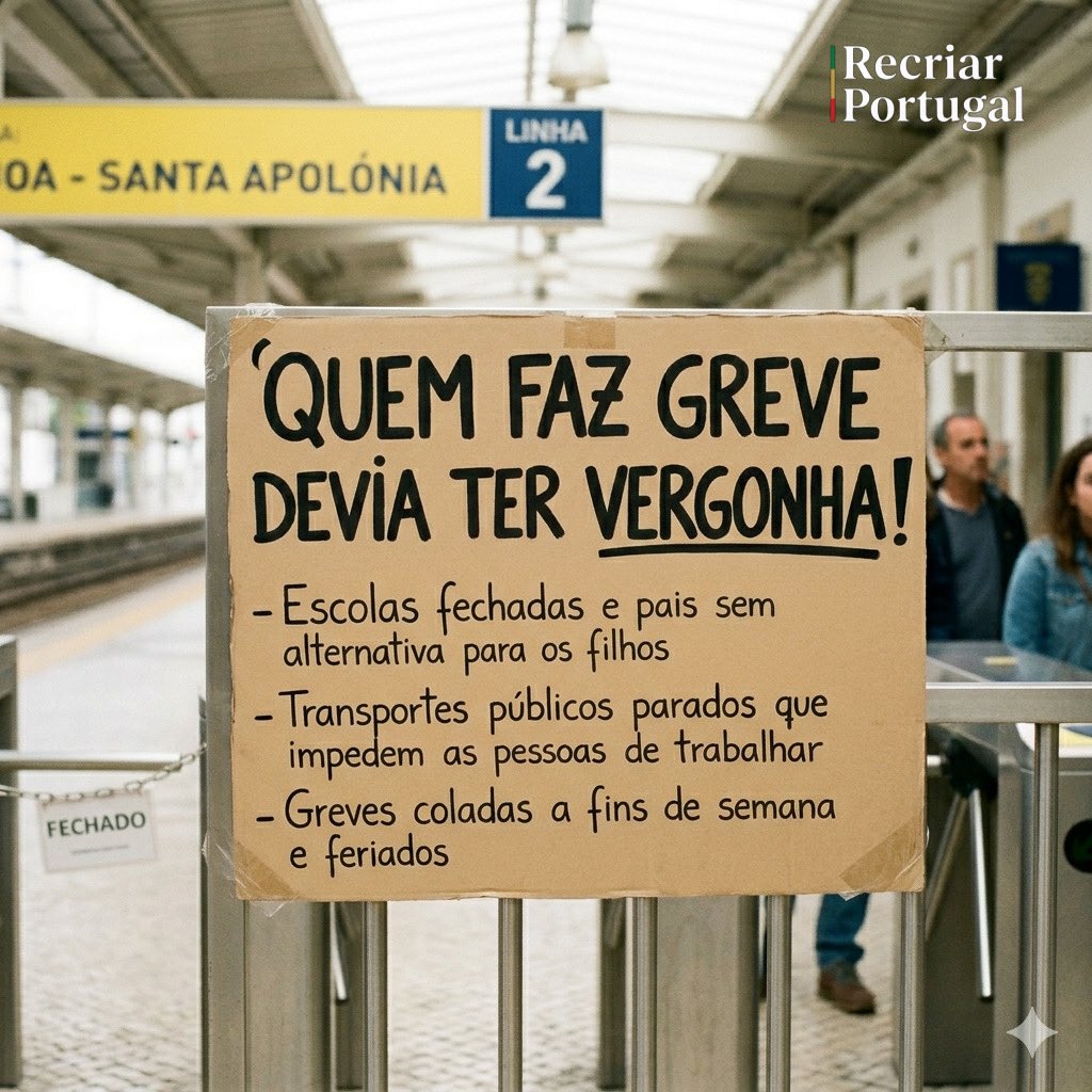 RecriarPortugal's tweet photo. A greve geral é uma vergonha egoísta que paralisa o país e prejudica quem trabalha. Escolas fechadas e transportes parados obrigam todos a parar. São folgas coladas a pontes e feriados feitas por quem tem emprego garantido e nenhuma noção do impacto que causa na vida dos cidadãos https://t.co/29NKRVJzen