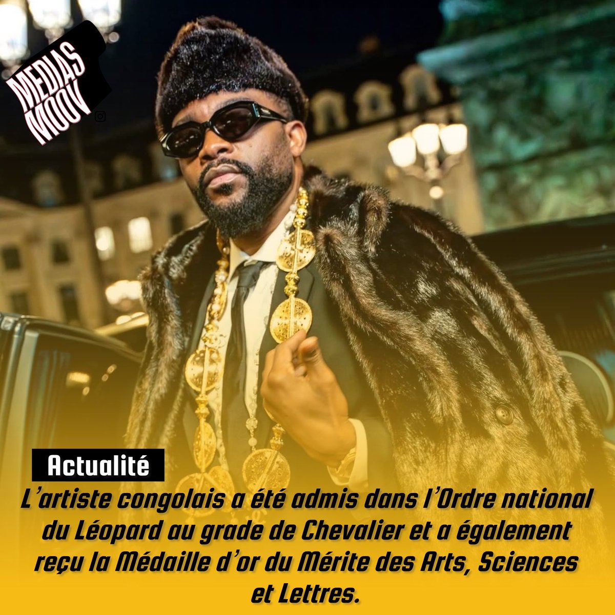 medias_moov's tweet photo. Le chanteur Fally Ipupa a été doublement distingué par le président Félix Tshisekedi.

L’artiste congolais a été admis dans l’Ordre national du Léopard au grade de Chevalier et a également reçu la Médaille d’or du Mérite des Arts, Sciences et Lettres. https://t.co/Yl35oUJu0E
