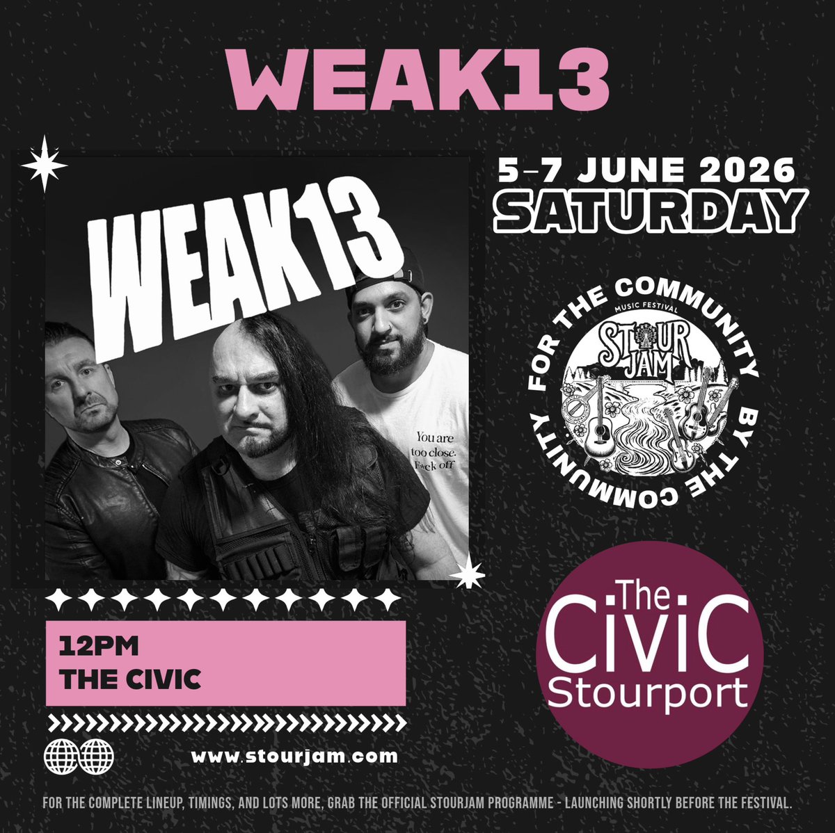 WEAK13's tweet photo. See British band WEAK13 play The Civic in Stourport on Saturday June 6th at 12 noon for @StourJam Festival 2026. Free Entry. 

#festival #westmidlands #stourport #musicfestival #weak13 https://t.co/Aq3cjIeCfh