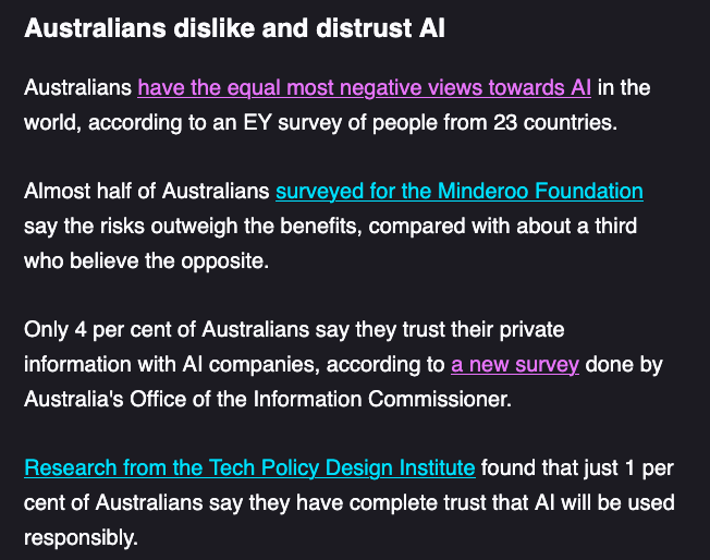 cameronwilson's tweet photo. Getting to know the AI beat, one thing has come up with ordinary people, industry, politicians, academics, activists: 

Most Australians do not trust AI or the people behind it. It's a big issue for an industry that needs people to adopt its products and share their resources. https://t.co/nJHTau33F7