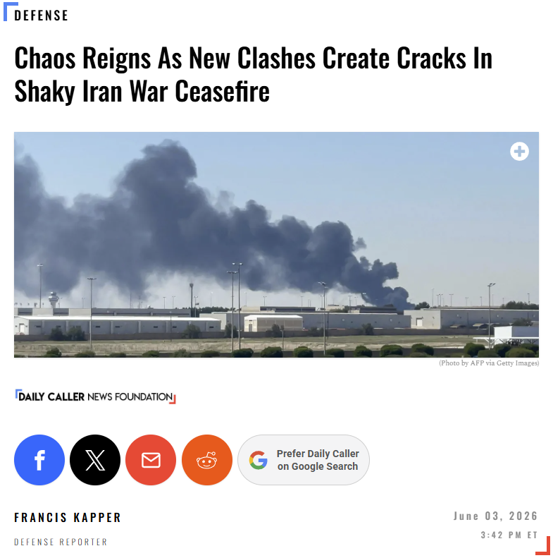FrancisKapper's tweet photo. Cease-fire? What cease-fire?

All I can see is Hezbollah bombing Israel, Israel bombing Lebanon, Iran bombing Kuwait and the United States bombing Iran.

Read all about it on the @DailyCaller. https://t.co/wnSaQEXCxr