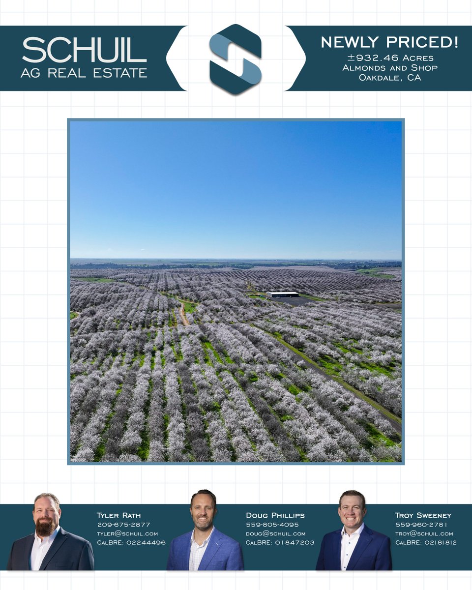 SchuilRE's tweet photo. •NEWLY PRICED• +/-932.46 Acres – Almonds and Shop – Oakdale, CA. 

https://t.co/55DbOo9L8L

#SchuilAgRealEstate #Agriculture #AgricultureAndFarming #LandManagement #LandDevelopment #AgRealEstate #CaliforniaAgriculture #LandForSale 

CalBRE: 00845607 https://t.co/MgqEzMN9vT