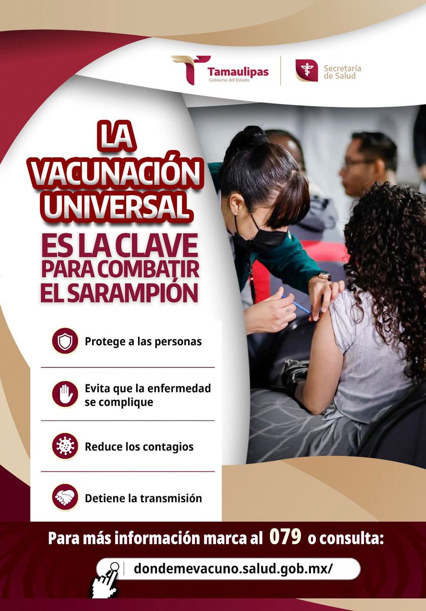 TamaulipasSalud's tweet photo. ¿Por qué la vacunación es la clave para combatir el sarampión?

Porque la vacuna:
• Protege a las personas.
• Evita que la enfermedad se complique.
• Reduce los contagios.
• Detiene la transmisión de la enfermedad. https://t.co/VeZAPGdPPR