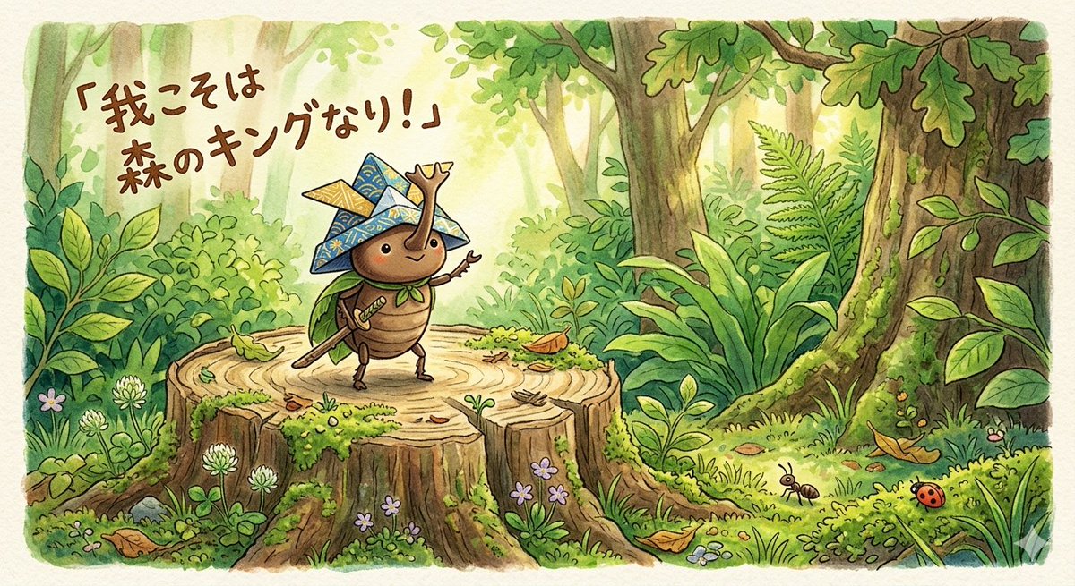 kazuaki_Ai's tweet photo. 今日は武士の日とムシキングの日。折り紙の兜をかぶったカブトムシが、切り株の上で「我こそは森のキングなり！」と胸を張っています。優しくて温かい絵本風のイラストです。 #NanoBanana2 #AIart #AIイラスト #ShiftAi https://t.co/mreVw6lr8T