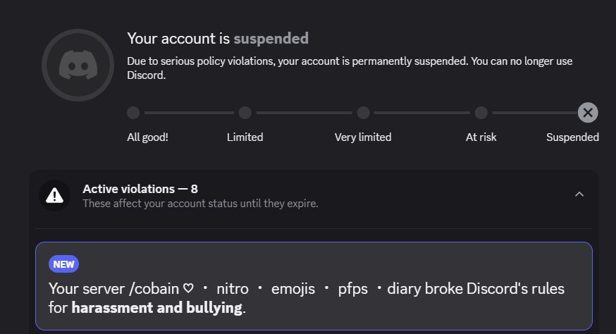 cuckbfs's tweet photo. gotta love discord suspending my account for "harassment" and "bullying" rejecting my appeal #discord @discord UNBAN ME BRO I DID NOTHING WRONG https://t.co/KjKZJbgXI8