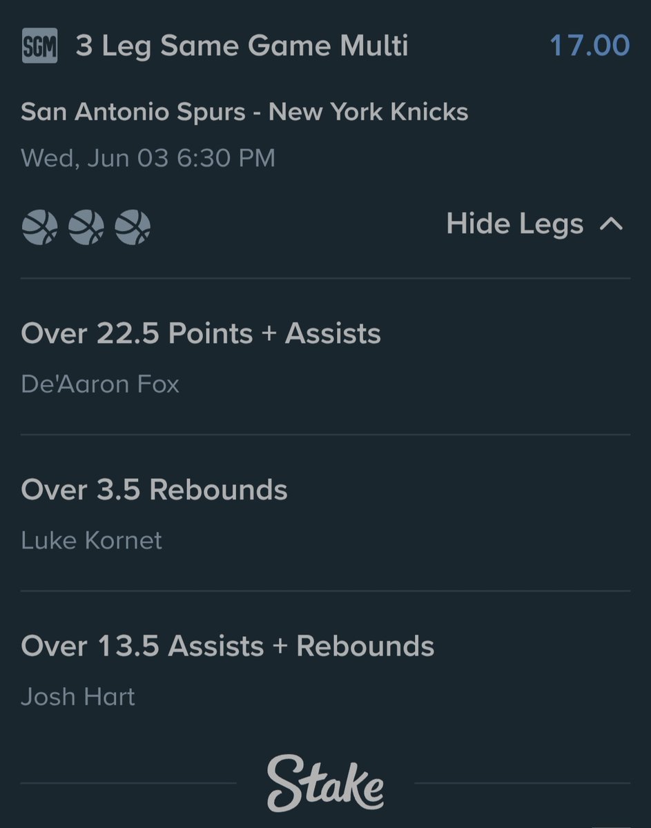 DoubleDoubleBet's tweet photo. 🏀 NY Knicks@SA Spurs
⛹🏼 De'Aaron Fox o22.5 Pts+Asis
⛹🏼 Josh Hart o13.5 Reb+Asis
⛹🏼 Luke Kornet o3.5 Reb
📊 Cuota 17.00
💵 1u

#NBAFinals #PlayerProps #GamblingTwitter #TheFinals https://t.co/nBSBYBJUpA