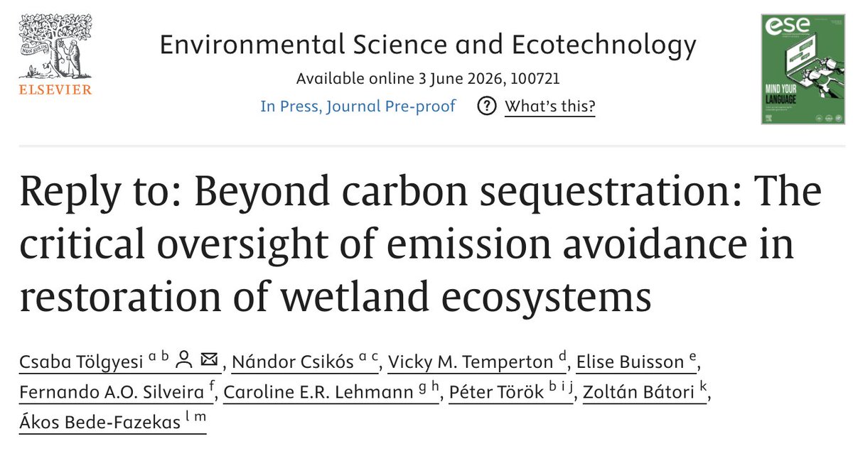ESEjournal's tweet photo. A focused scientific exchange, now published:

Wu et al. argue that global restoration models systematically overlook avoided emissions from degraded wetlands — an ongoing carbon source that dominates near-term climate value, particularly for peatlands.

Tölgyesi et al. respond with explicit quantification: incorporating wetland avoided emissions (~4% of global GHGs) shifts their projected offset from 3.7–12.0% to 3.7–12.3% — a modest adjustment that leaves their core conclusion intact, while acknowledging the methodological gap is real.

The exchange surfaces a question that extends well beyond these two papers: Are current restoration models asking the right question — "How much carbon can we sink?" — or should the primary metric be "What emissions can we stop?"

The answer has direct implications for where restoration funding flows.

We invite readers to engage with both perspectives:
📄 Wu et al.: https://t.co/JNunUEF0wF📄 Tölgyesi et al.: https://t.co/CH5sXs0AOo

#EcosystemRestoration #Peatlands #ClimatePolicy #NatureBasedSolutions