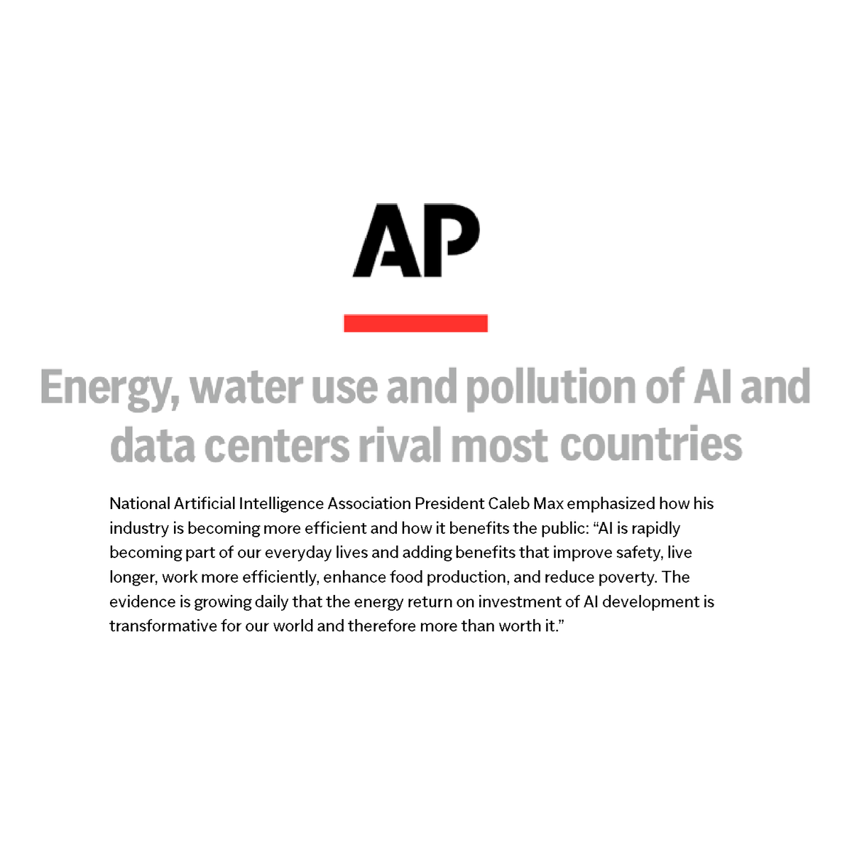 TheNAIAorg's tweet photo. 🤖 AI leadership depends on the infrastructure behind it. In AP’s coverage of new U.N. research, our CEO @CalebMaxVA10 notes that America needs clear federal policy, stronger energy capacity and responsible deployment to build and power the systems behind AI. 

The U.S. can lead in AI, but leadership requires the infrastructure to scale it responsibly.

🔗 Read the article: https://t.co/kxgllpHc9q