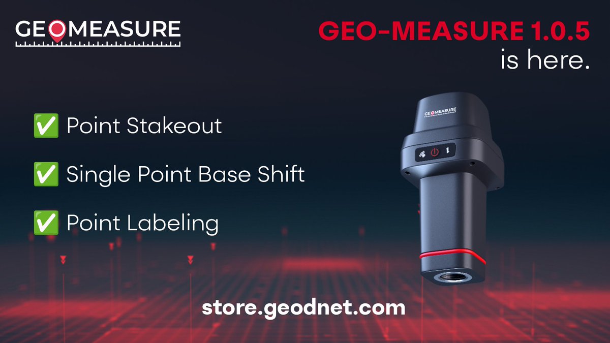 GEODNET's tweet photo. GEO-MEASURE 1.0.5 is here. And it's our biggest update yet.

✅ Stake Out: tap a point and walk right to it, centimeter accurate
✅ Single Point Base Shift: correct for known drift
✅ Point Labeling: custom names + colors on the map

Update now, the GEO-MEASURE just got more useful!