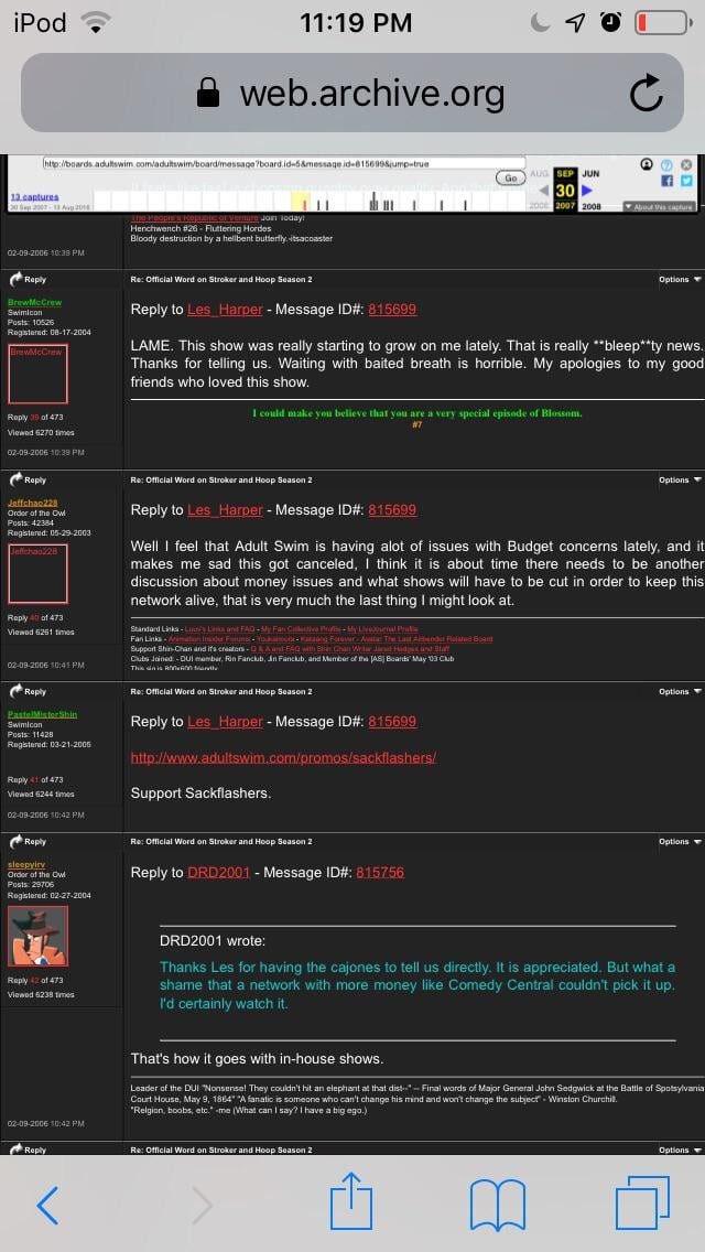 NoMooreMercy's tweet photo. @hthieblot The Adult Swim Message Boards. They had a thread where you could submit questions for their "bumps" they'd answer during commercial breaks. I was so excited when I saw mine on TV! That forum was always full of drama too 😂 https://t.co/IVsVT4nePj