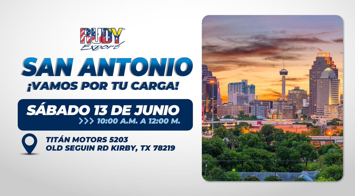 RudyExport's tweet photo. Regresamos a #SanAntonio el sábado 13 de Junio de 10:00 a.m. a 12:00 m. en📍 Titán Motors 5203 Old Seguin Rd Kirby, TX 78219 📦 ¡Trae tu caja lista!.

Para mayor información contáctanos al:
☎️ +1 (832) 321-5185
WhatsApp 📲 +1 (281) 786-6922
📧 houston@rudyexport.com https://t.co/X4slNs4Dkz