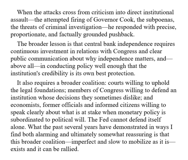 NickTimiraos's tweet photo. Janet Yellen called Powell's stewardship of the Fed's independence "close to exemplary" at a retrospective hosted at the Brookings Institution on Tuesday.

Resisting recent pressure "required a kind of steadiness that good monetary policy judgment alone does not provide, and Jay Powell had that steadiness in abundance."

She outlined why she doesn't think it's enough to say the central bank's independence is up to the central bank. 

"The Fed cannot defend itself alone."

She said the past several years have been "alarming and ultimately somewhat reassuring" that a broader coalition, "slow and imperfect as it is, exists, and can be rallied."

Video: https://t.co/DmOFJiWClX