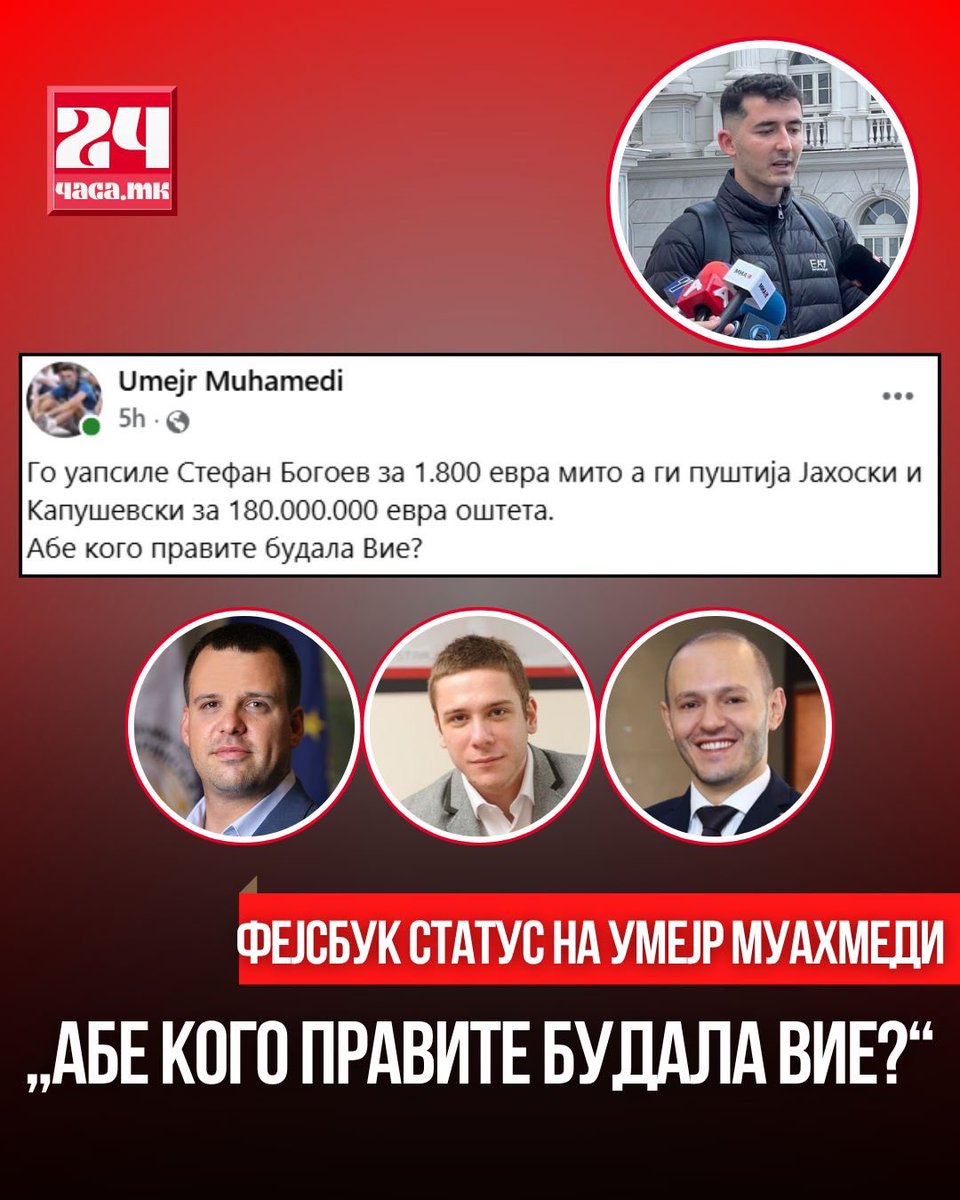 24chasamk's tweet photo. Вирален статус на Умејр Мухамеди повторно ја отвори темата за двојните стандарди во македонското судство. Тој реагираше по одлуката Стефан Богоев, да заврши во притвор во случај во кој Обвинителството тврди дека примил награда од 111.600 денари за доделен тендер. https://t.co/CyUJjGkmtl