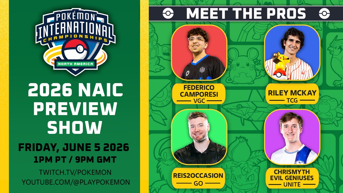 playpokemon's tweet photo. Get the lowdown on everything competitive Pokémon from some of the scene's top players tomorrow during our 2026 #PokemonNAIC Preview Show!

Don't forget to submit your questions using #NAIC26Preview for a chance to be answered on stream 💬 https://t.co/1WYbQoi3sd