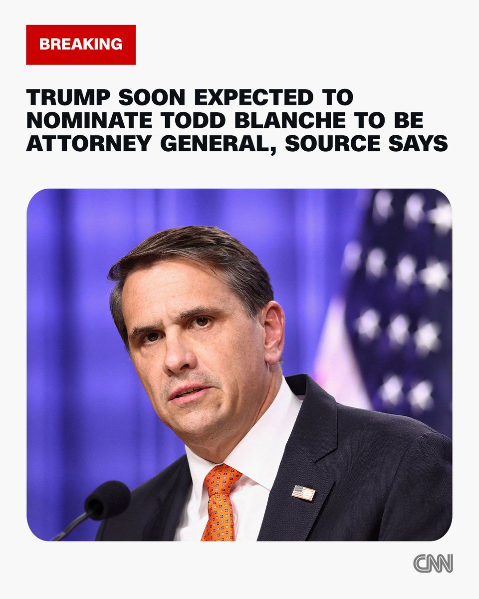 cnnbrk's tweet photo. President Donald Trump is soon expected to nominate Todd Blanche to be attorney general, according to a source familiar with the matter. https://t.co/bTtlE7GDMN https://t.co/Y80jReYGGG