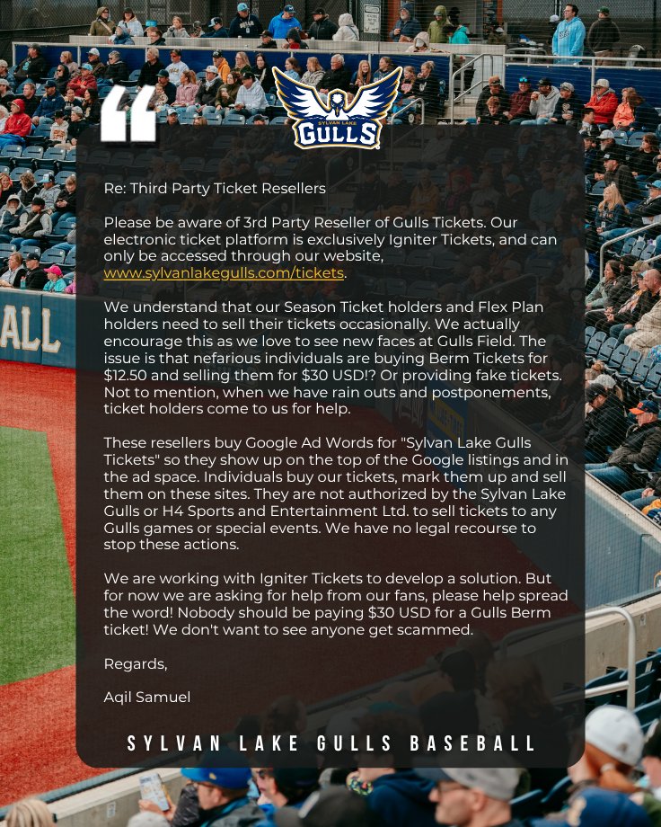 SylvanLakegulls's tweet photo. We are disappointed to see an ongoing issue among fans this season! Please remember that the only reputable seller is through https://t.co/wR7YL8NlMy. President Aqil Samuel has addressed the issue in the graphic here. https://t.co/ctkENkOUTz