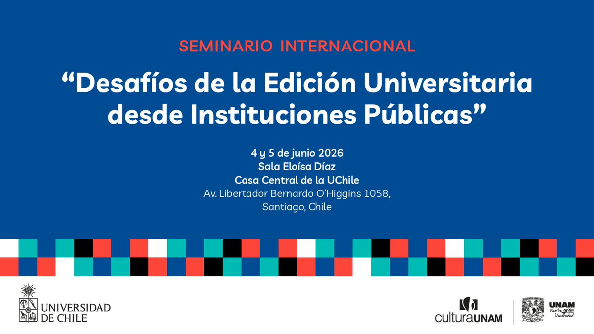 uchile's tweet photo. [AHORA] Conéctate al Seminario internacional "Desafíos de la edición universitaria desde instituciones públicas" co-organizado con @librosunam, con transmisión en vivo desde la Sala Eloísa Díaz de Casa Central. Streaming en: https://t.co/4sJxoIiVXn https://t.co/56wmEwVYPb