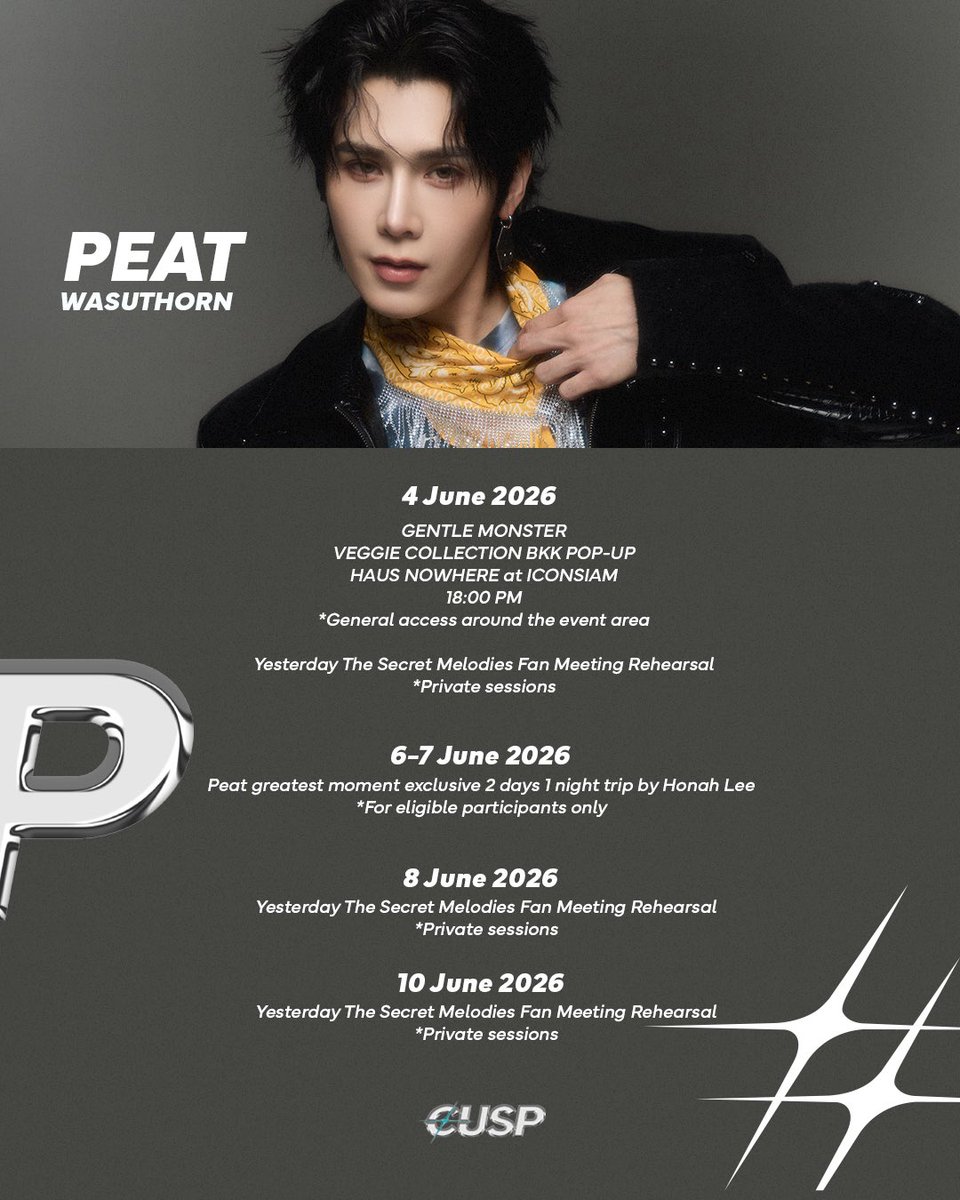 Cusp_Ent's tweet photo. Weekly schedule of PEAT WASUTHORN for 4 June – 11 June 2026.

#Cuspentertainment #peatwasu https://t.co/ZEnladjUcO