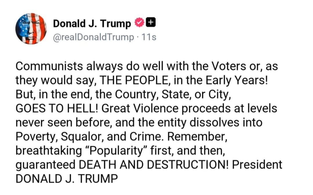 azucenau's tweet photo. 🔵El presidente de Estados Unidos, Donald Trump, lanzó una nueva crítica contra los gobiernos de tendencia comunista, al afirmar que suelen gozar de alta popularidad en sus primeros años, pero que posteriormente derivan en escenarios de violencia, pobreza, crimen y deterioro social.

📸@FoxNews