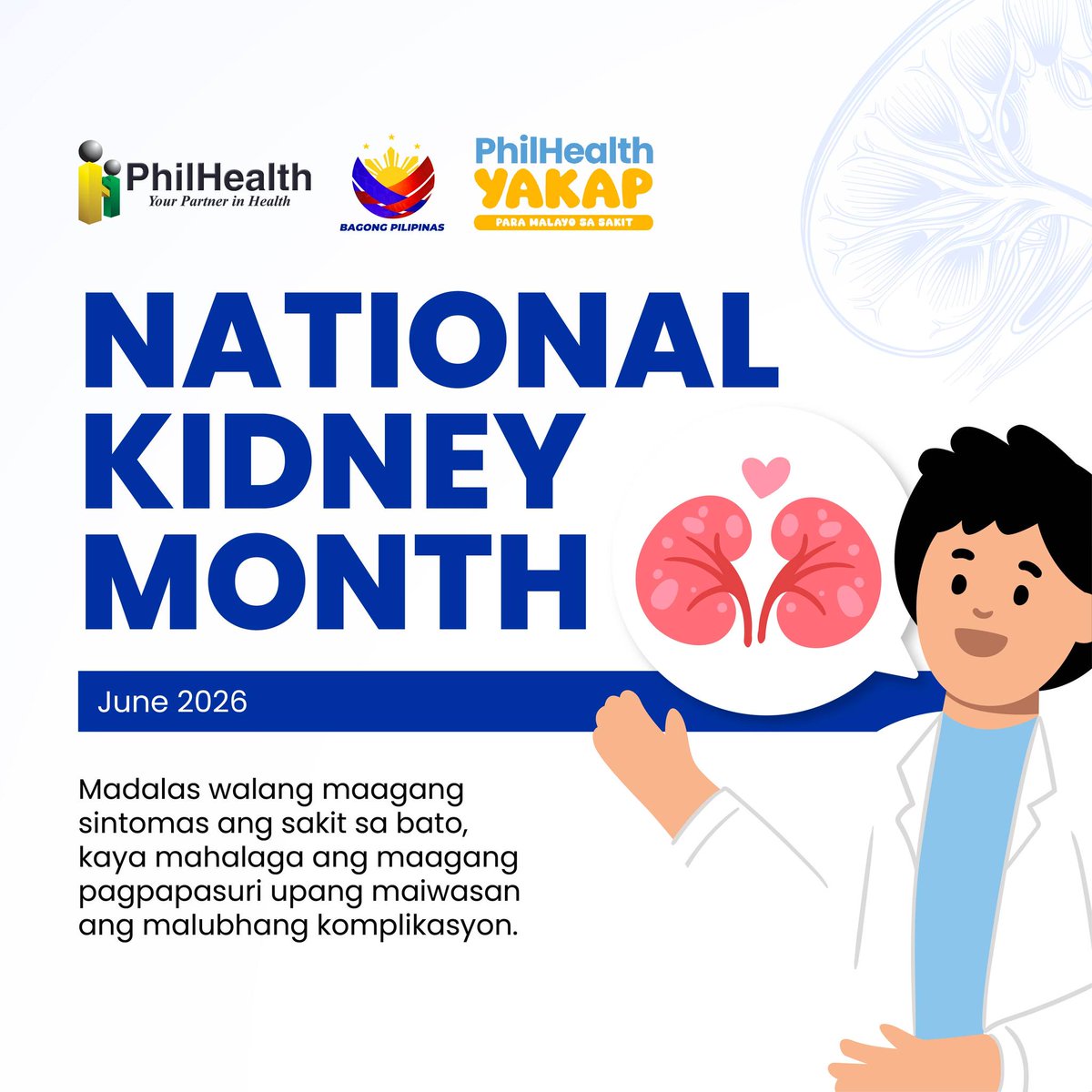 teamphilhealth's tweet photo. Pangalagaan ang inyong mga kidneys! Kung may nararamdaman kayong anumang hindi pangkaraniwan o sintomas ng karamdaman, agad na magpatingin sa doktor. May suportang hatid ang PhilHealth YAKAP para sa inyong pagpapagamot.
#MalayoSaSakit
#PhilHealthYAKAP https://t.co/dwS5xzpYce