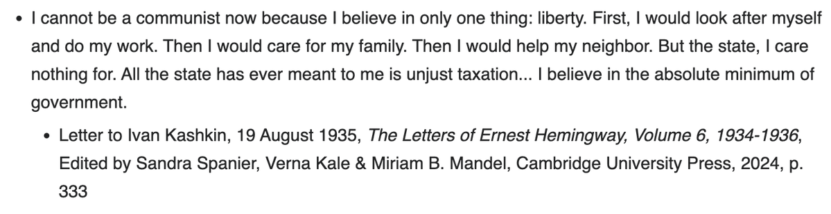 SamBuntz's tweet photo. @hebreworphan Yeah, but aside from For Whom the Bell Tolls, his work doesn't really have a strong Leftist orientation. He could sound like a libertarian sometimes: https://t.co/5lx4nVb8fB