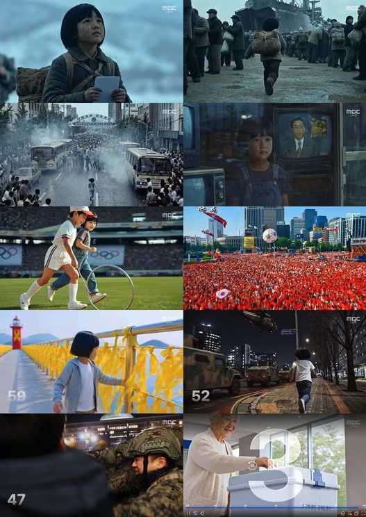suni's tweet photo. MBCで韓国地方選挙の開票放送の直前に流れた約2分間のカウントダウン映像。知らないこともいくつかあったので調べながら解説。もし間違ってたり補足があればぜひ教えてください🙏 解説の採番は写真をZの順で。採番がないものは、写真はないけどその合間に流れた映像について。

1. 1950年朝鮮戦争
2. 同年12月 興南撤収（米軍がフンナム(北朝鮮北部)から軍隊と約10万人の避難民を船で救出した作戦
- 避難民村
- 70年代 ミシン工場（韓国の高度経済成長の光と影）
3. 80年 光州民主化運動
4. 1997年IMF危機(金を寄付…のニュース) 
5. 1988年オリンピック
6. 2002年サッカーワールドカップ
- 2007年のテアン原油流出事故
7. 2014年 セウォル号沈没事故
- コロナ
8.9. 2024年12月 当時の大統領による内乱(非常戒厳令)
- 韓国国会議事堂
- 景福宮
- ロボット（テクノロジー大国の象徴？）
- GOAT FAKER(e-スポーツの強さの象徴？）
- K-POPアイドル（特定のグループ？象徴？）
- 盤浦大橋（반포대교）の噴水と花火
- ソウルの夜景＆ロッテワールドタワー
10. 少女がたどり着いた先の投票所

ニュースによると「約120年にわたるイギリスの歴史を一人の少年の走りで壮大に描き、世界的な称賛を受けた2008年のイギリス・ホービス（老舗パンブランド）の名作CM「Go On Lad」からインスピレーションを得てオマージュ。制作陣は実際の撮影を一切行わず、MBCの膨大な放送アーカイブと進化した生成AI技術のみを組み合わせてこの壮大な叙事詩を完成させた」と。添付の写真もこのニュースより。
https://t.co/09XbubEQOz