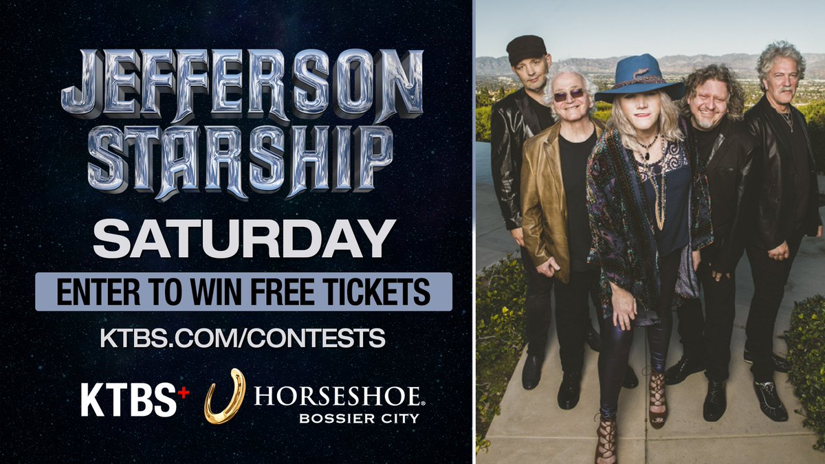KTBS's tweet photo. 🎸🎤🥁 JEFFERSON STARSHIP CONTEST
Ready to build this city on rock and roll this Saturday? Enter for your chance to win free tickets to see Jefferson Starship at Horseshoe Casino Bossier City! https://t.co/loiWNOF9xk https://t.co/NninDcuDI7