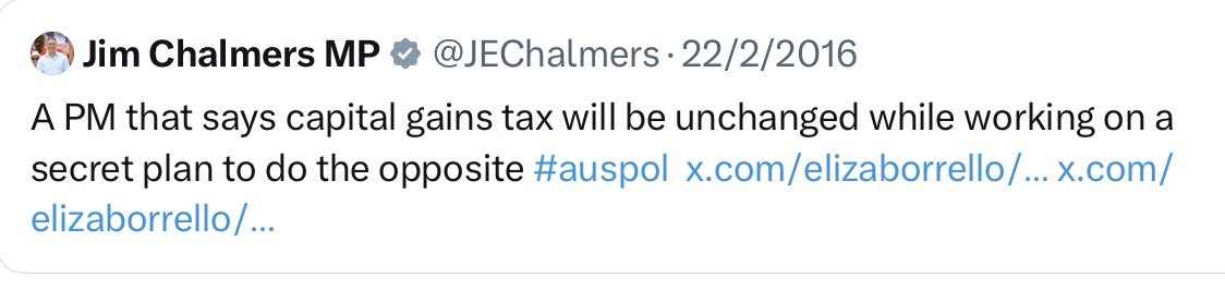 Kate3015's tweet photo. This is embarrassing for Chalmers.

In 2016, the Turnbull Government (with Scott Morrison as Treasurer) received Treasury advice outlining various options to reform negative gearing and capital gains tax, including limits on deductions and a reduction in the CGT discount. Turnbull reviewed the proposals and explicitly ruled them out before the election. The issue was taken off the table.

Fast forward to 2025: Albanese and @JEChalmers publicly denied (50times) any plans to touch negative gearing or CGT. But Chalmers and Treasury were quietly developing a secret reform package themselves. Far from taking it off the table, they broke a clear election promise and announced the changes in May 2025; just 12 months after the election.

The lesson? People in glass houses shouldn’t throw stones, because they have a habit of bouncing back and smashing you in the face.