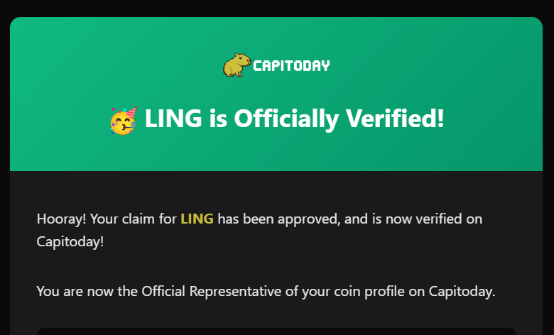 LingLingHead's tweet photo. $LING is verified on @capitoday 🎉

We're growing and building everyday.

Eventually someone will find the head... https://t.co/07CmwBsa6r