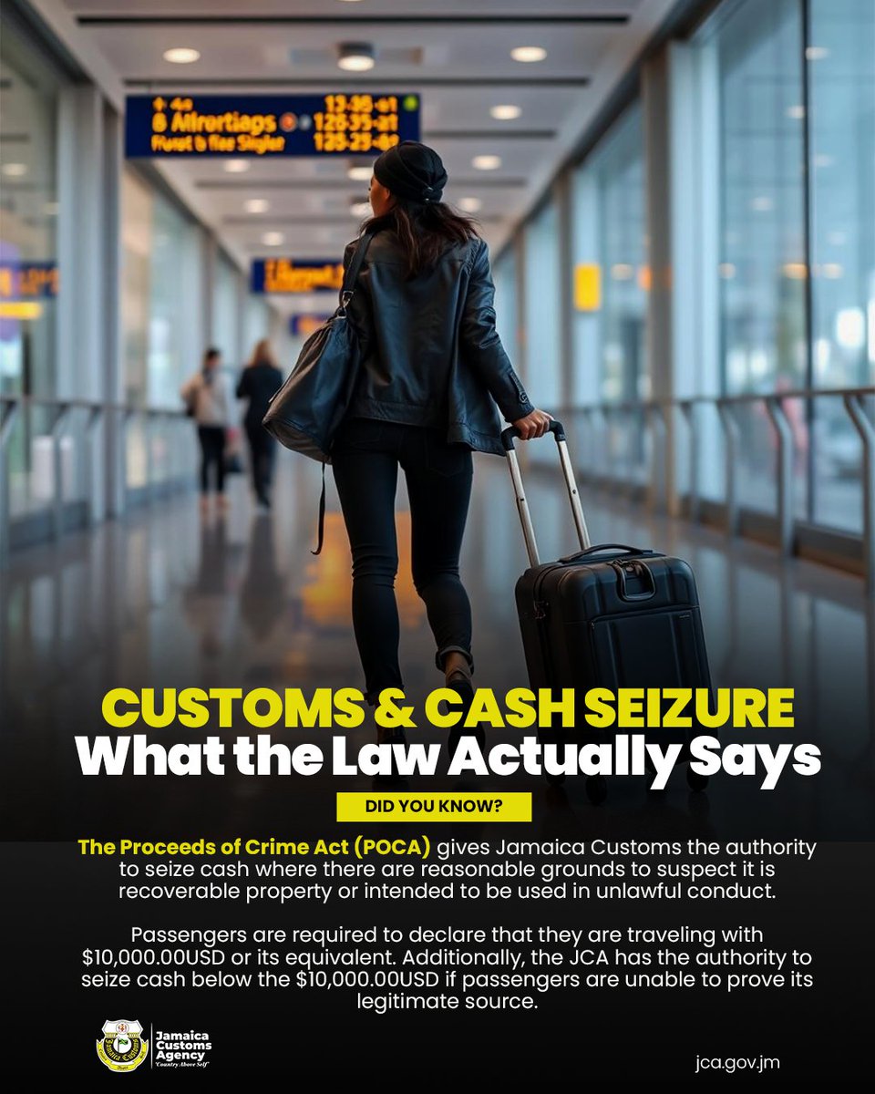 jamaicacustoms's tweet photo. Carrying large sums of cash through a Jamaican port? It doesn't have to be over $10,000 USD for Customs to seize it. Can't prove its source? It's at risk.  #KnowYourCustoms https://t.co/tg9AbNyCue