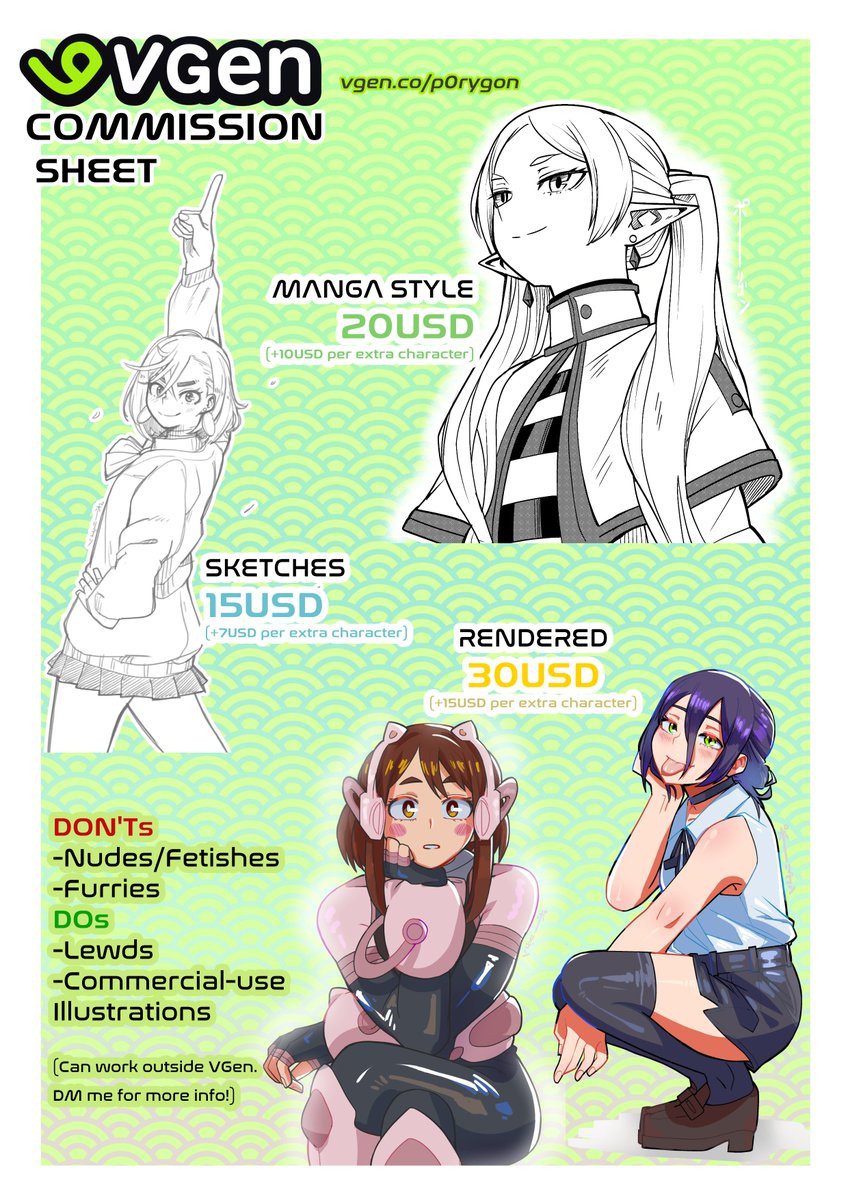 p0rygon's tweet photo. I'll be lowering my prices for  abit to see if people are more interested in commissions! 
My VGen: https://t.co/3qeq5FohUx

NEW PRICES 
-SKETCHES: 15USD
-MANGA STYLE: 20 USD
-RENDERS: 30 USD

lmk if these prices are more attractive to you!👀 https://t.co/ZuVeBfp5ho