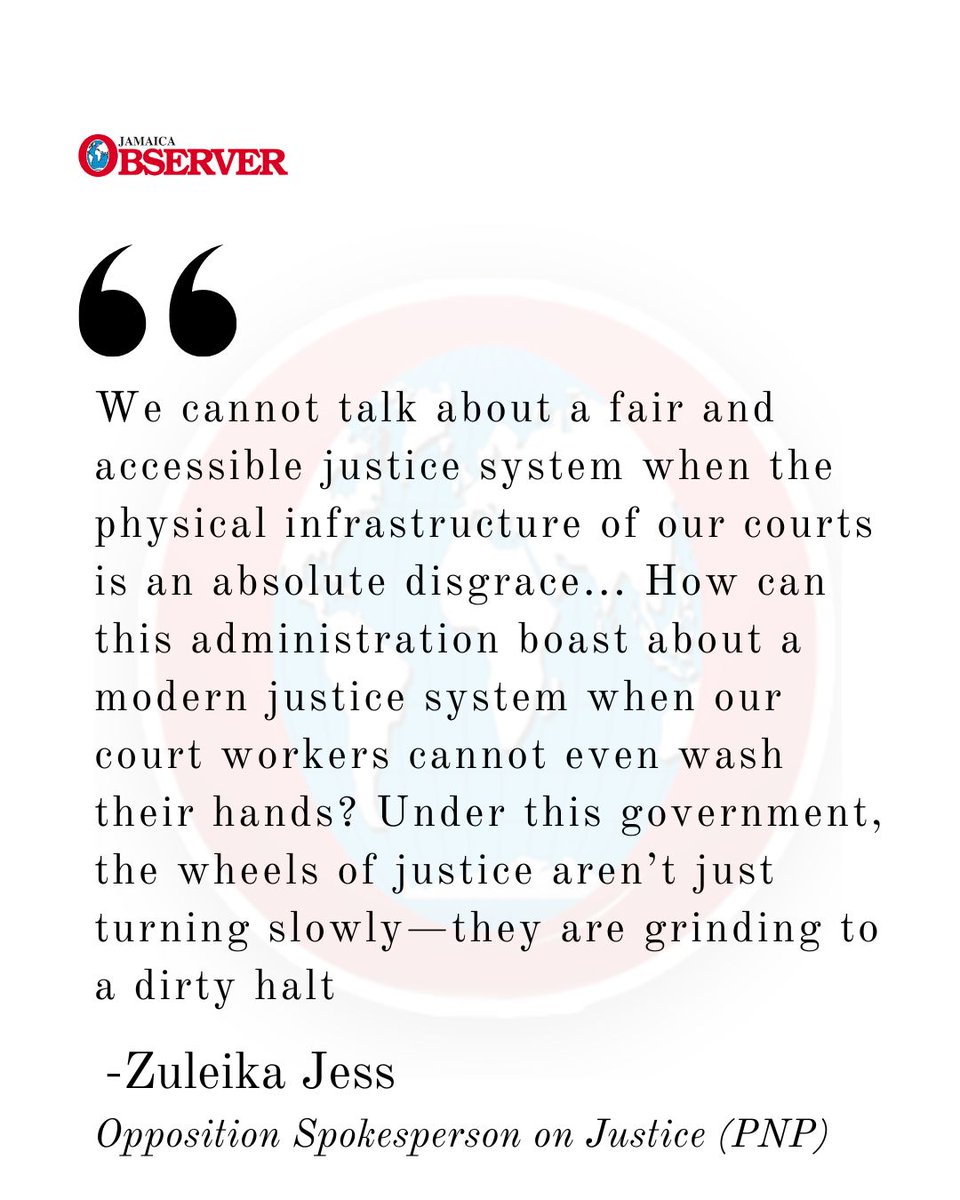 JamaicaObserver's tweet photo. Opposition Spokesperson on Justice, Zuleika Jess, is pointing to what she calls a crisis in the court system in western Jamaica, in particular in the parishes hardest-hit by Hurricane Melissa last October.

Jess, in her maiden presentation in the Sectoral Debate in the House of Representatives on Wednesday, called attention to the matter and accused Justice Minister Delroy Chuck of incompetence.
https://t.co/MUD5UDSss0