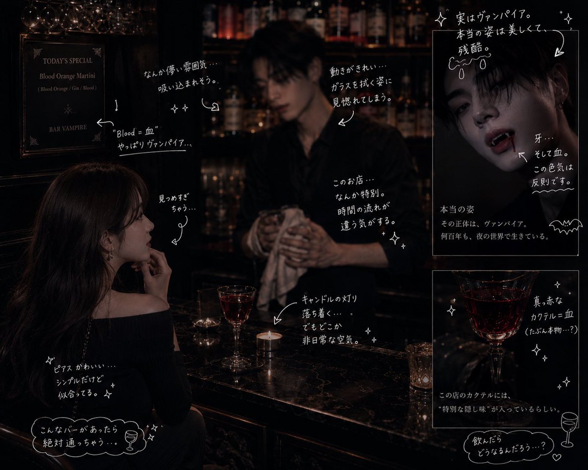 apikojay's tweet photo. 私の行きつけのBAR(⸝⸝⸝◜𖥦◝⸝⸝⸝)
やっぱヴァンパイアって最高🦇
ジェイもバーテンやって欲しいな
それでお酒の知識ペラペラおしゃべりジェイになって永遠と話しててほしい🍸 https://t.co/sjAXWXhwdb