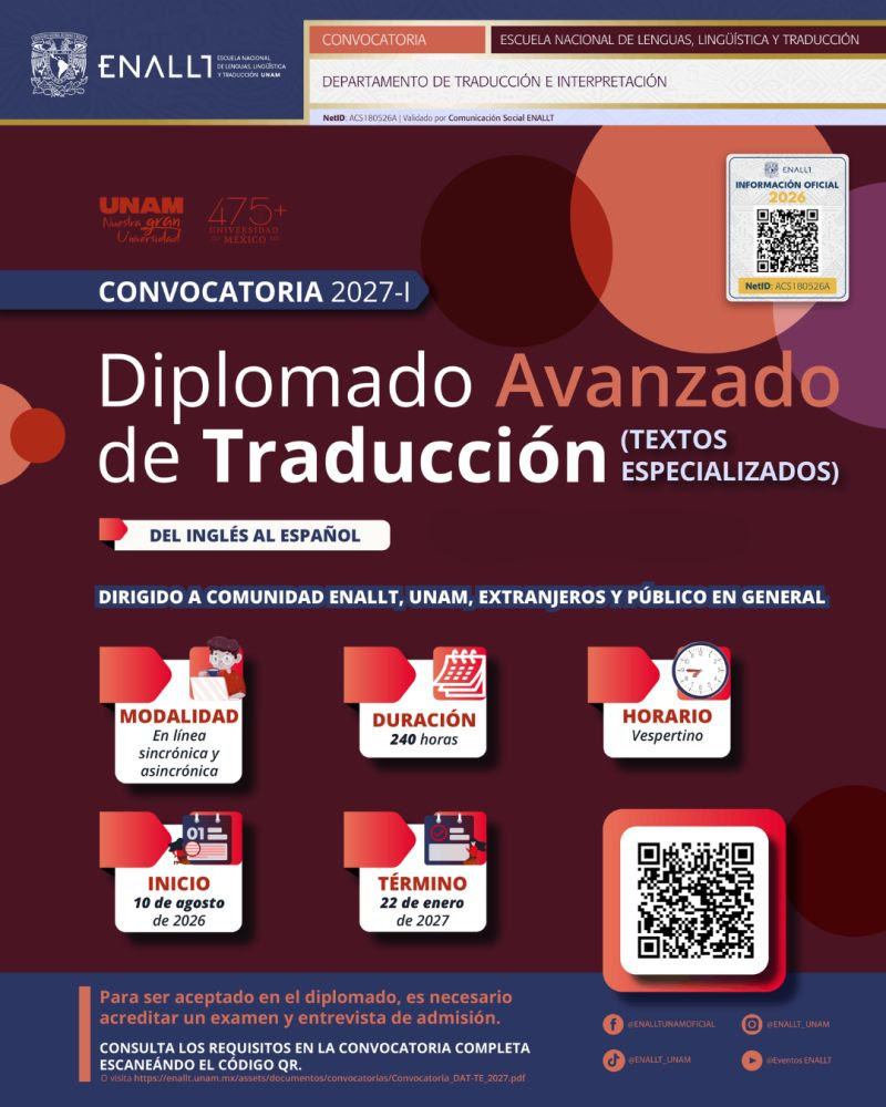 ENES_Merida's tweet photo. 🌐📚 La ENALLT UNAM invita al Diplomado Avanzado de Traducción (textos especializados) del inglés al español.

🖥️ Modalidad en línea
📅 Inicio: 10 de agosto de 2026

Consulta la convocatoria completa y requisitos en el código QR. #UNAM #ENALLT https://t.co/esGorjOBaG