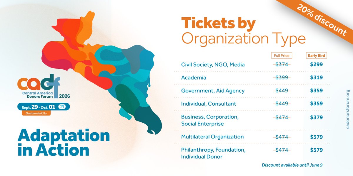 SeaIF's tweet photo. Final week with a 20% discount!
The prices for the 2026 Central America Donors Forum #CADF2026 will increase on Tuesday, June 9.

Reserve your spot now at this unique space in Central America for dialogue, partnerships, and collaboration: https://t.co/6vXyHoVURh
#CADF2026 #AdaptationInAction