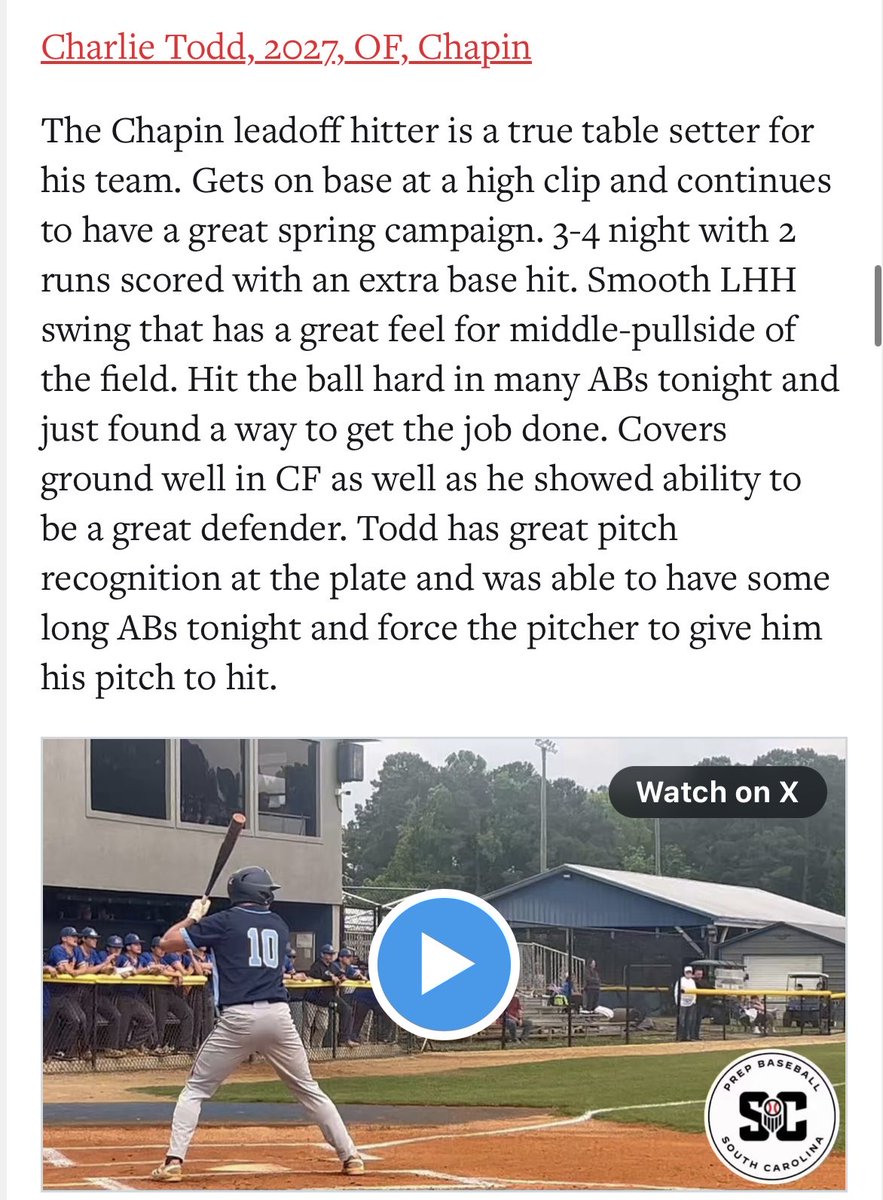 charlie_todd23's tweet photo. Recent write ups by @diamondprospect and @PrepBaseball_SC.  Also was selected to the Dirty Dude and Gold Glove team by @diamondprospect 
@Dell_Lever 
@baseball_Chapin 
@_thedirtbags 
@trey_daly https://t.co/VFHtxHUOVU