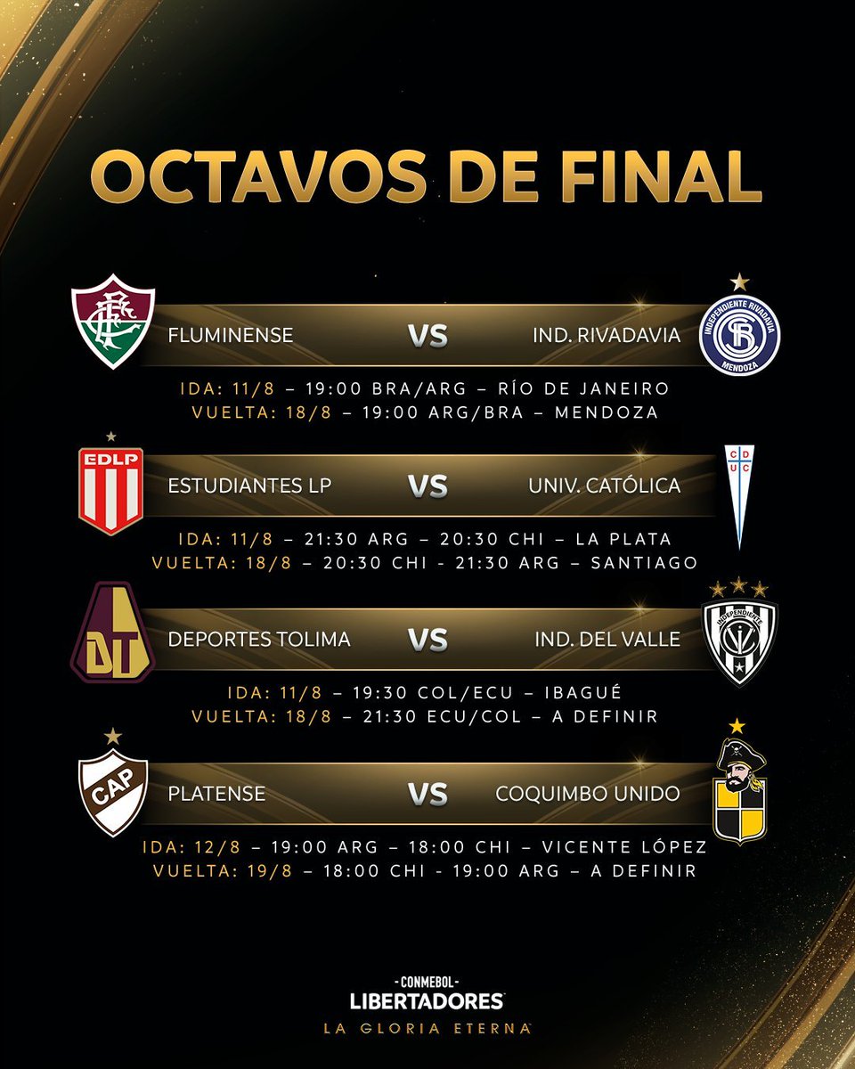 alaurini's tweet photo. Todo definido para los octavos de #Libertadores con #EDLP enfrentando a Católica el martes 11 de agosto en UNO y siete días más tarde visitando el Claro Arena. Ambos juegos a las 21.30. https://t.co/LFOKe1pfYz