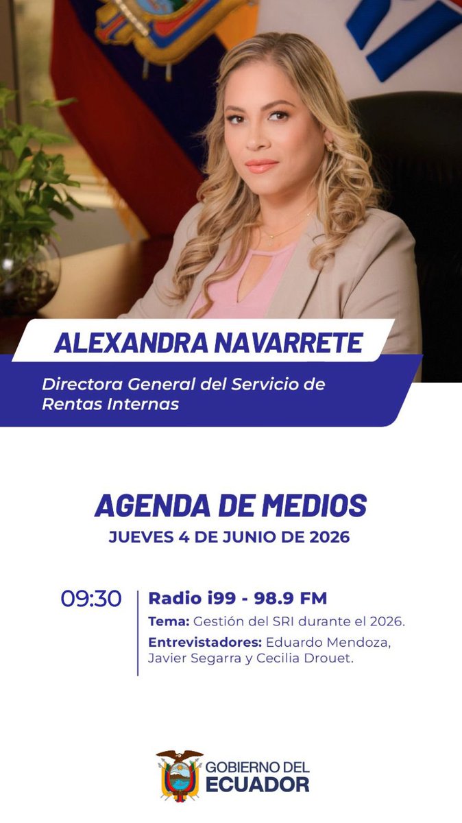 SRIoficialEc's tweet photo. 🎙️ #SRIEnMedios

Te invitamos a escuchar la entrevista de nuestra directora general, @AlexaNavarreteR, en @Radio_i99

📻 No te pierdas esta conversación que será transmitida mañana en  👉🏼https://t.co/72CyuwPAgC https://t.co/HW2MjFp8GL