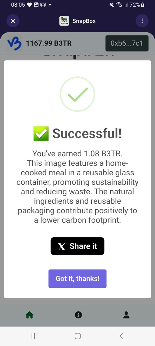 MyuraPhasu73047's tweet photo. Just earned 1.08 $B3TR thanks to SnapBox! 📸🍱🔥
Eat sustainably, get rewarded. Reduce your carbon footprint 🚀
Want bigger rewards?
🗳️ Vote SnapBox on VeBetterDAO! 
More votes = Bigger impact 🌍✨
#vechain #B3TR $VET #snapbox #vebetterdao @snapboxonlinee https://t.co/w18IeR1YAh