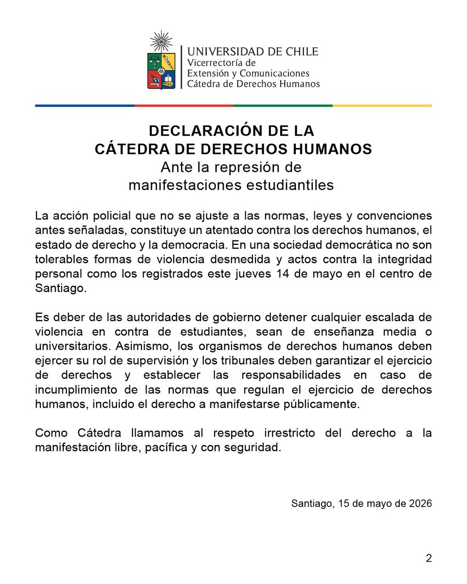 cnashr's tweet photo. En el marco de la marcha convocada por los estudiantes hoy miércoles 03 de junio, se volvieron a repetir graves situaciones de violencia policial en contra de manifestantes y observadores de derechos humanos. 

Una estudiante de la Facultad de Derecho que participaba como Observadora de la marcha ha resultado gravemente herida. 

Reitero lo que señalamos como Cátedra de Derechos Humanos hace algunos días: debemos evitar una escalada de violencia represiva en contra de los estudiantes. 

El derecho manifestarse debe ser garantizado en una sociedad democrática. 

Tenemos el deber de cuidar a nuestros estudiantes.