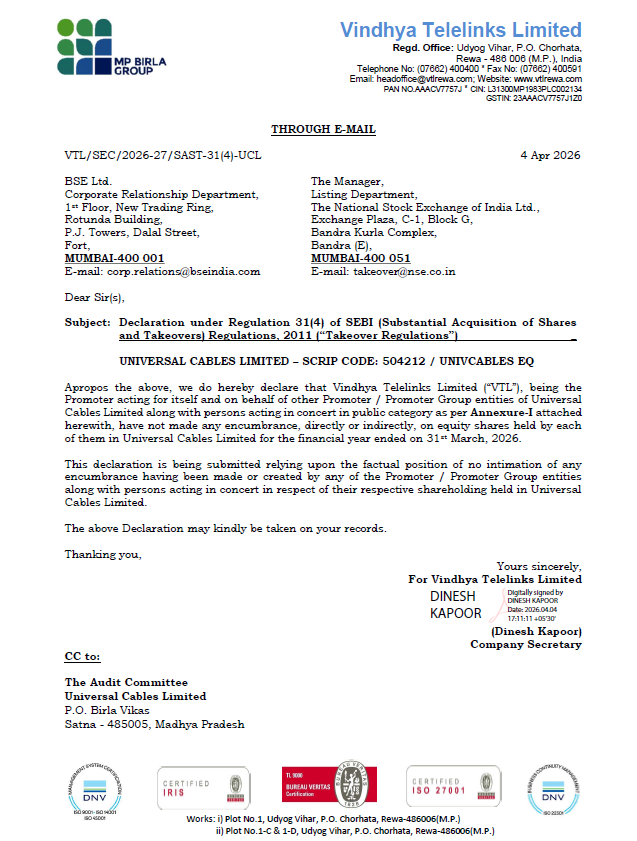 NaveenkSakinala's tweet photo. Good sign for Universal Cables.

The promoter group has confirmed that none of their shares are pledged.

This means promoters are not borrowing against their holdings, which reflects confidence in the business and reduces financial risk.

#UniversalCables https://t.co/BXW3ariGVu