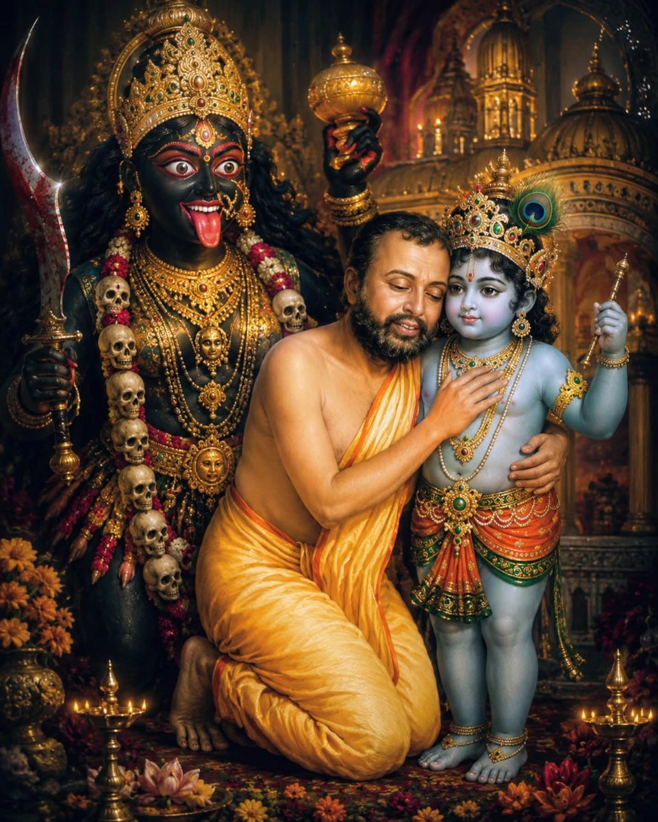 ASingh0404's tweet photo. The devotional life of Ramakrishna Paramahamsa beautifully demonstrated the unity of all divine forms, and his deep affection for Lord Krishna is often remembered as an expression of his universal spiritual vision. 

Although Ramakrishna's heart was completely surrendered to Maa Kali, he also immersed himself in Krishna-bhakti with such sincerity that he experienced profound states of devotion, seeing the Divine through the mood of Radha and the devotees of Vrindavan. 

In a symbolic artistic vision, Maa Kali is portrayed lovingly witnessing Ramakrishna's devotion toward Krishna, not with separation or jealousy, but with the compassion of the Divine Mother who recognizes all forms of worship as directed toward the same ultimate reality. 

This sacred imagery conveys a profound spiritual truth taught by Ramakrishna himself that Kali, Krishna, Shiva, and all divine manifestations are expressions of one infinite Divine. 

For devotees, the scene represents the harmony of bhakti and spiritual realization, where the Divine Mother joyfully beholds the love of her devotee for another form of God, revealing the underlying unity behind all paths of devotion.