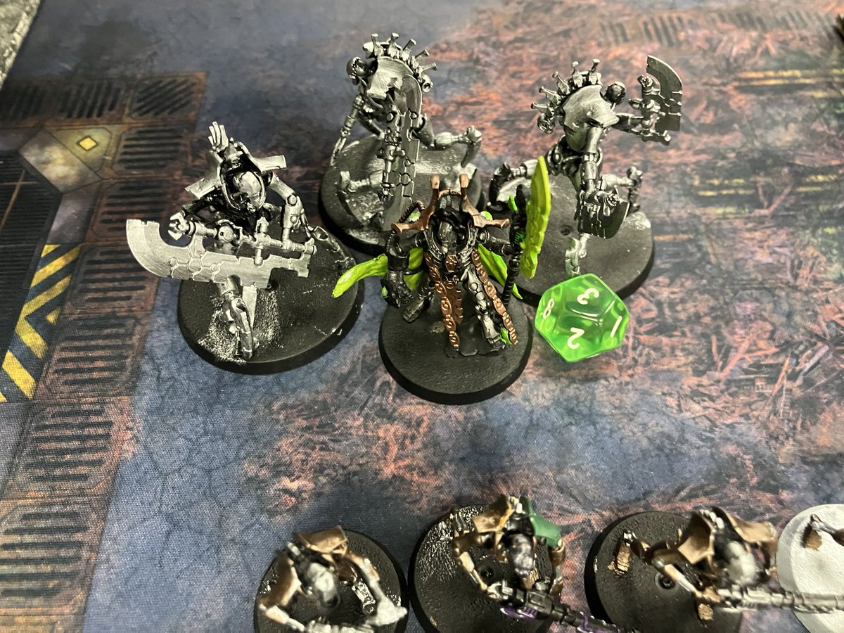 BCGuild96's tweet photo. First time playing Necrons in a long time. 
My Necron force vs a fren space marines.
Started off hilarious with my overlord getting immediately sniped early on. 
Luckily, his loyal Cryptek carried the day and wiped the Astartes. https://t.co/h5Njl9f2w7