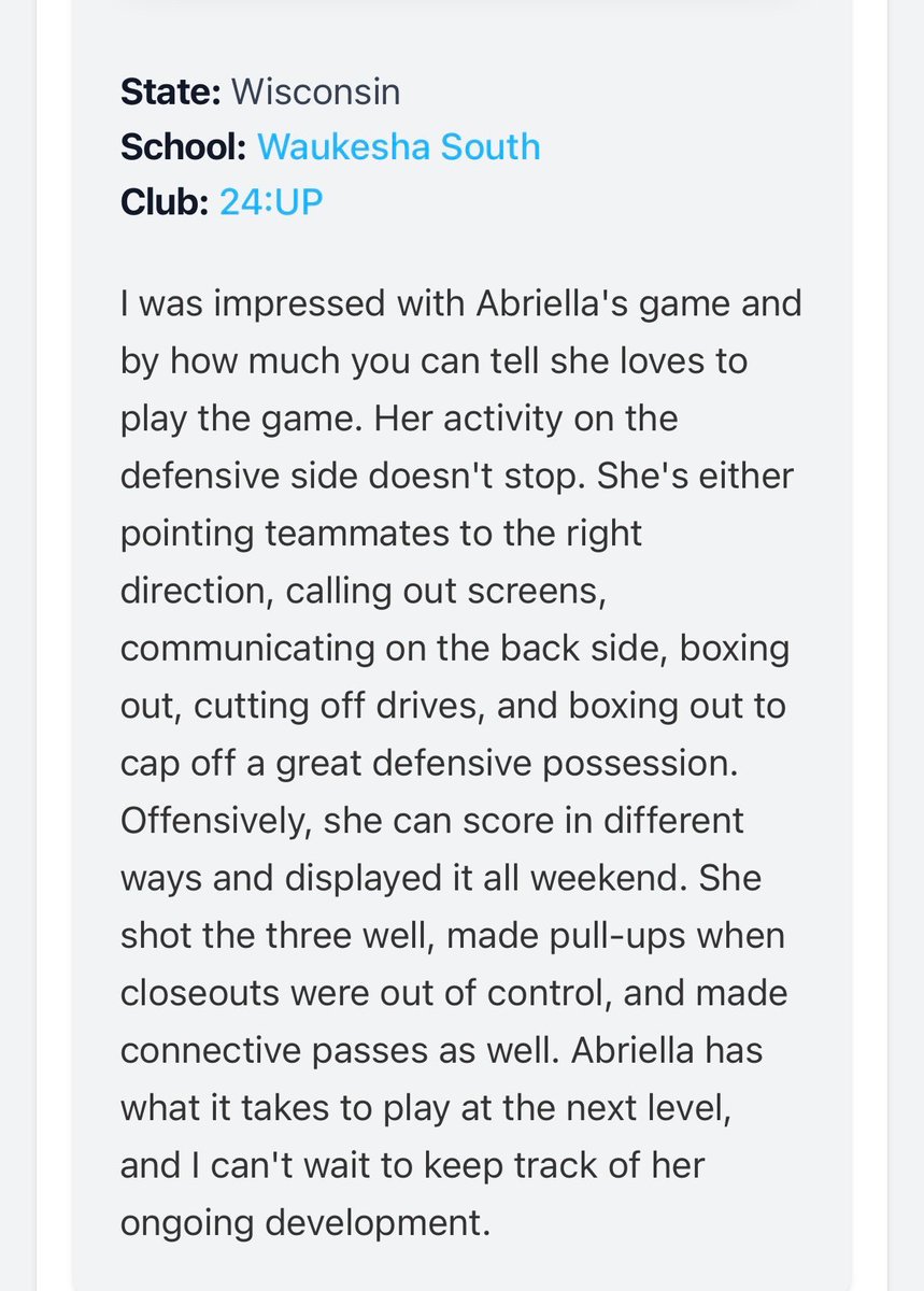 abriella_11's tweet photo. Thank you @_LarroHoops for the awesome recognition and write-up!! Really appreciate the kind words about my game. Always working to level up! 

@24up_official @coachklemmens @gritxpectations @PrepGirlsHoops @PGHCircuit @JrAllStarBB @JrAllStarWI https://t.co/xkSe4sP4mN