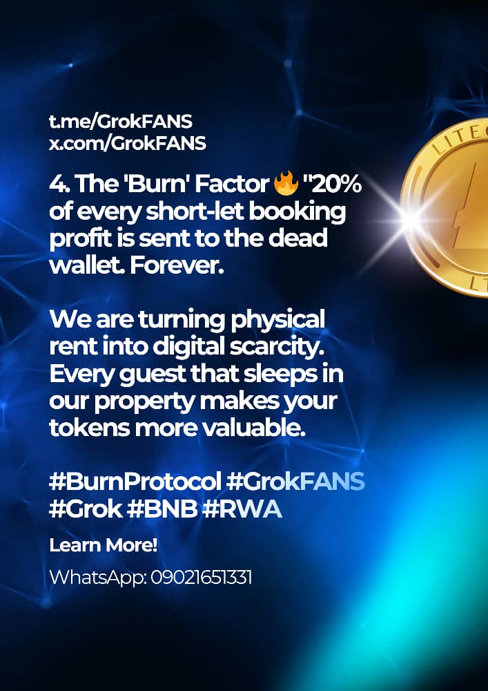 KellsMastamind's tweet photo. 4. The 'Burn' Factor 🔥 "20% of every short-let booking profit is sent to the dead wallet. Forever.
We are turning physical rent into digital scarcity. Every guest that sleeps in our property makes your tokens more valuable.
#BurnProtocol #GrokFANS #Grok #BNB #RWA https://t.co/9ugv4Pns1W