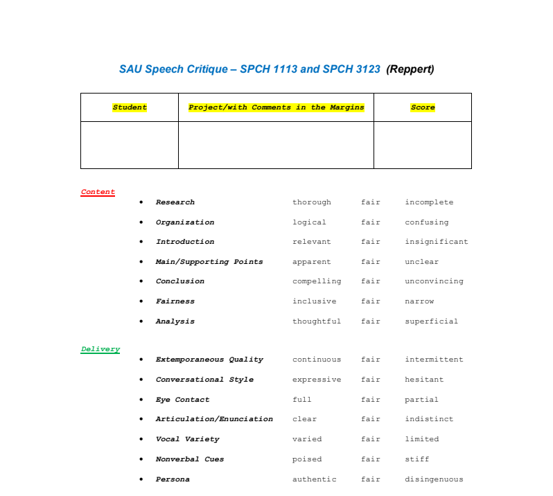 ProfJReppertSAU's tweet photo. #SPCH1113 - SAU Speech Critique (Summer I 2026) - SPCH 1113/Introduction to Public Speaking - Online - Also Available on Blackboard (PDF) | https://t.co/EOp4XGR2Yc https://t.co/JZlItRWWaP